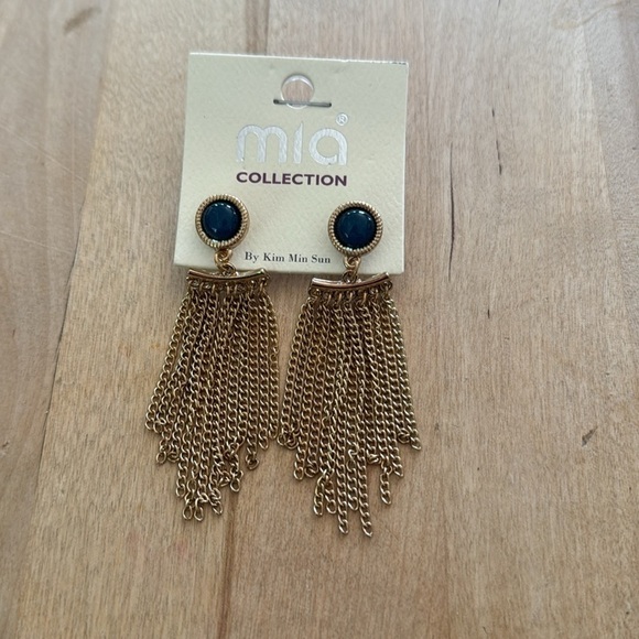mia collection Jewelry - Mia Collection Gold Navy Blue Chain Tassel Dangle Earrings Post Back